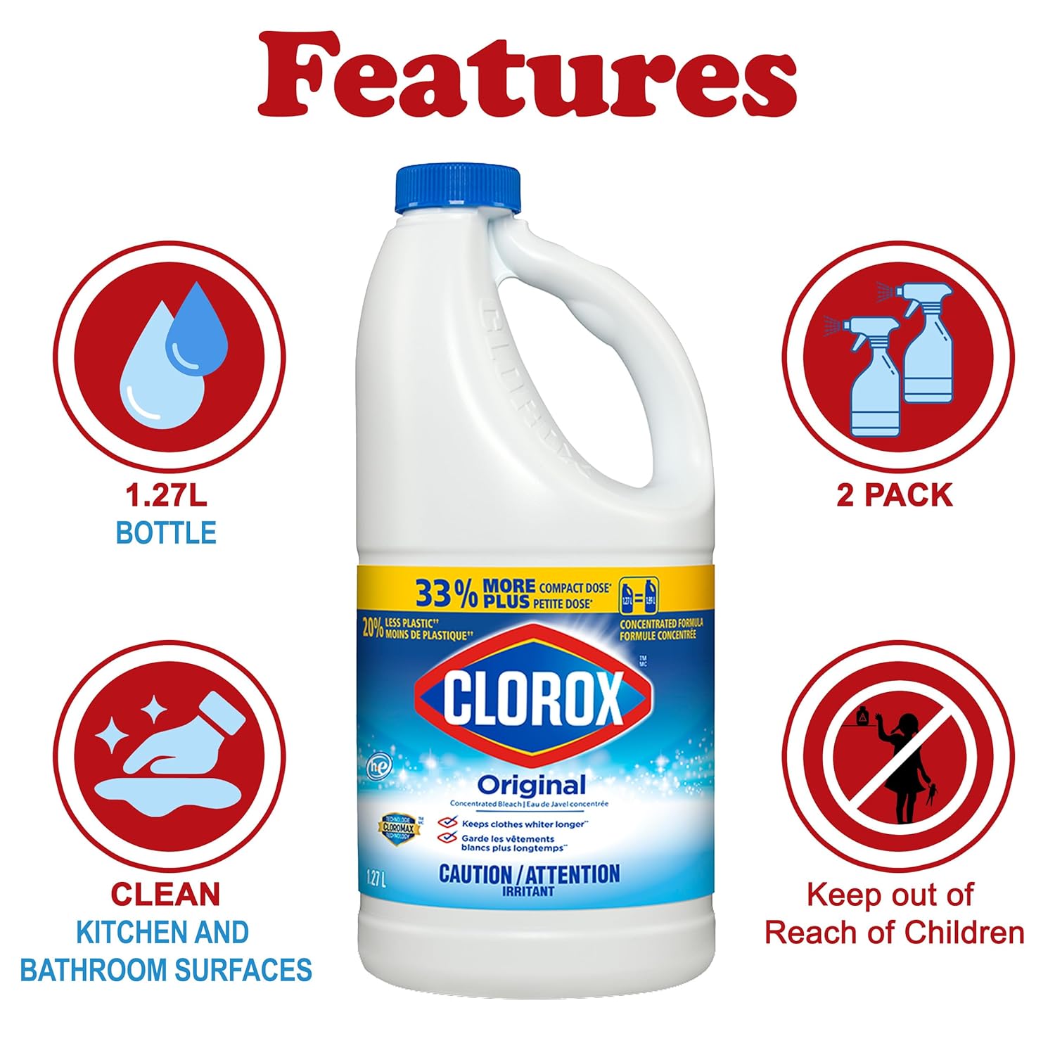Clorox Bleach Cleaner, 2 Pack Original Concentrated Bleach, Easy Pour Bottle with Handle, Moldand Mildew Remover, Removes Stains and Whitens, 43 oz Each