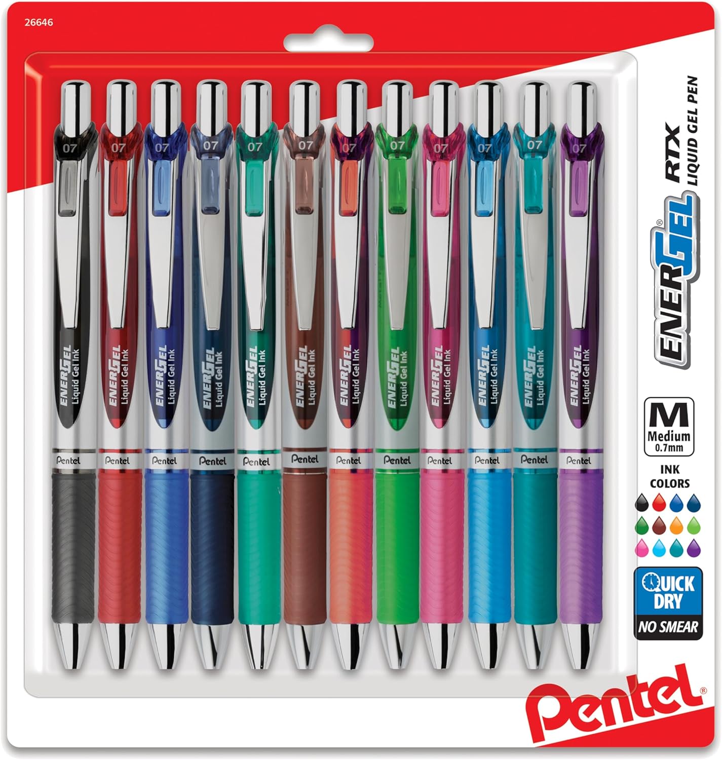 Pentel EnerGel RTX Retractable Liquid Gel Pens, (0.7mm), Assorted Colors, Ultimate Writing Pens, Best Writing Pens for Office, School and Journaling, Pack of 12