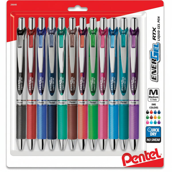 Pentel EnerGel RTX Retractable Liquid Gel Pens, (0.7mm), Assorted Colors, Ultimate Writing Pens, Best Writing Pens for Office, School and Journaling, Pack of 12