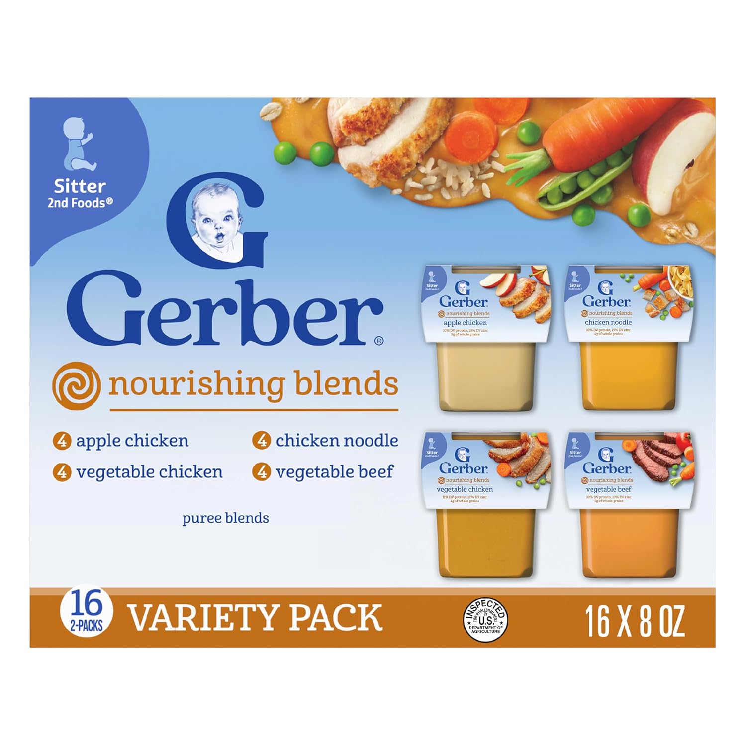Gerber Stage 2 Baby Food, Nourishing Blends Tubs, Baby Puree, Variety Pack, 32PK