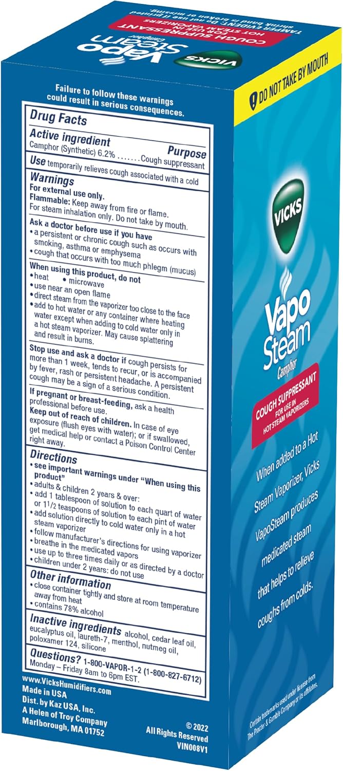 Vicks VapoSteam Medicated Liquid with Camphor, a Cough Suppressant, 8 Oz – VapoSteam Liquid Helps Relieve Coughing, for Use in Vicks Vaporizers and Humidifiers
