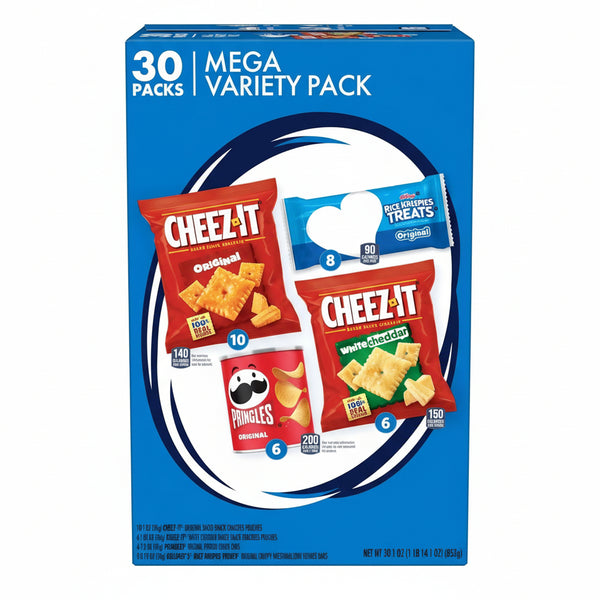 Kellogg's Cheez-It, Pringles & Rice Krispies Treats Snacks Mega Variety Pack, 30.1oz Box (30 Count)
