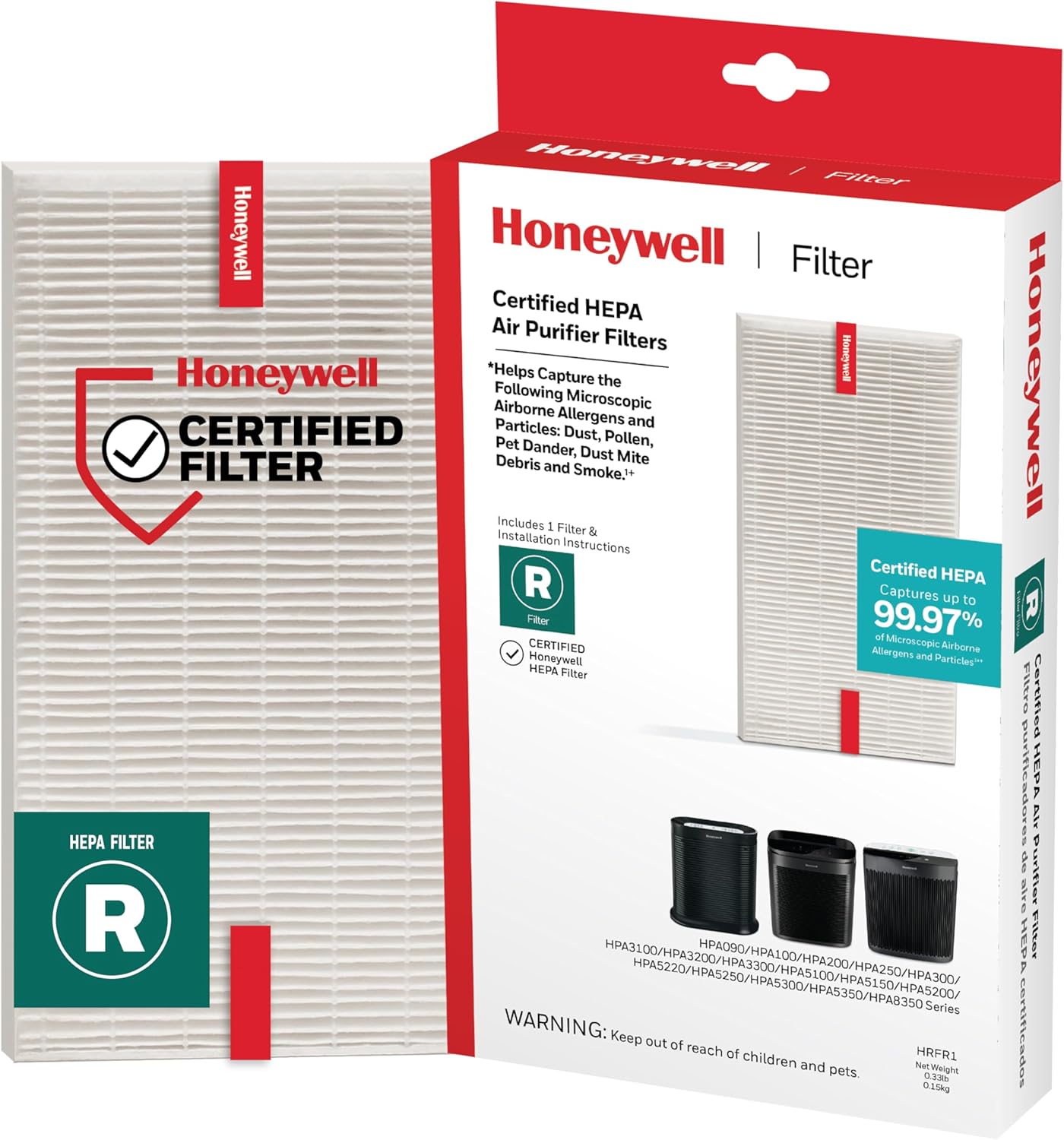 Honeywell HEPA Air Purifier Filter R, 3-Pack for HPA 100/200/300, 3000 and 5000 Series - Airborne Allergen Air Filter Replacement Targets Wildfire/Smoke, Pollen, Pet Dander, and Dust