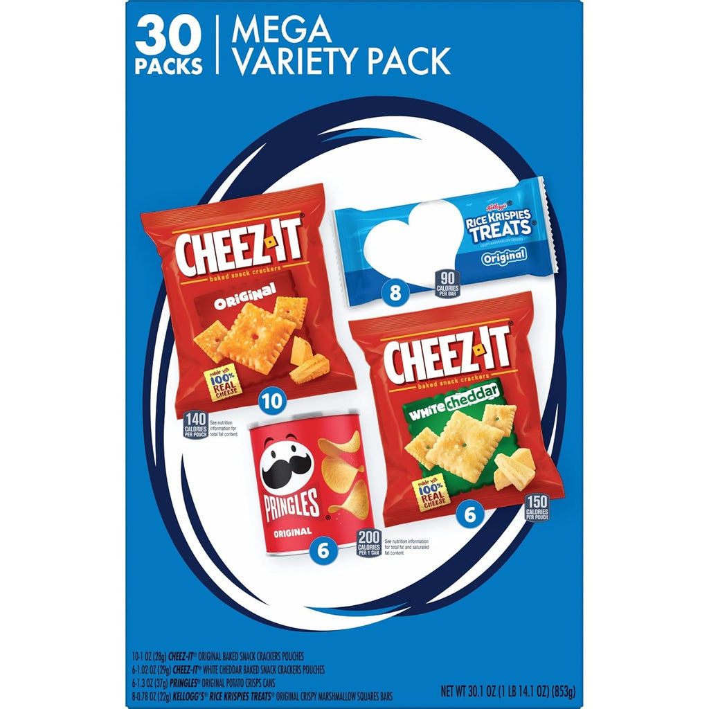 Kellogg's Cheez-It, Pringles & Rice Krispies Treats Snacks Mega Variety Pack, 30.1oz Box (30 Count)