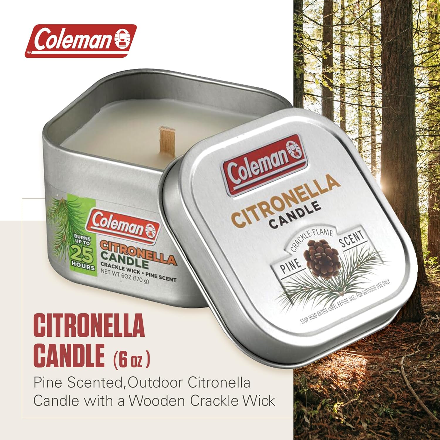 Coleman Pine Scent Citronella Candle with Wooden Crackle Wick - 6 oz