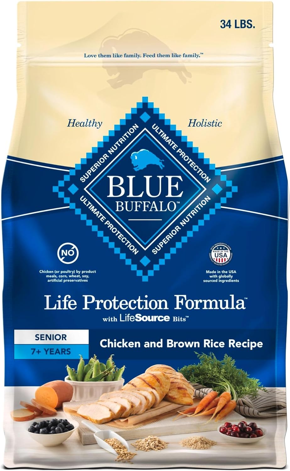 Blue Buffalo Life Protection Formula Senior Dry Dog Food, Supports Joint Health and Mobility, Made with Natural Ingredients, Chicken & Brown Rice Recipe, 15-lb. Bag