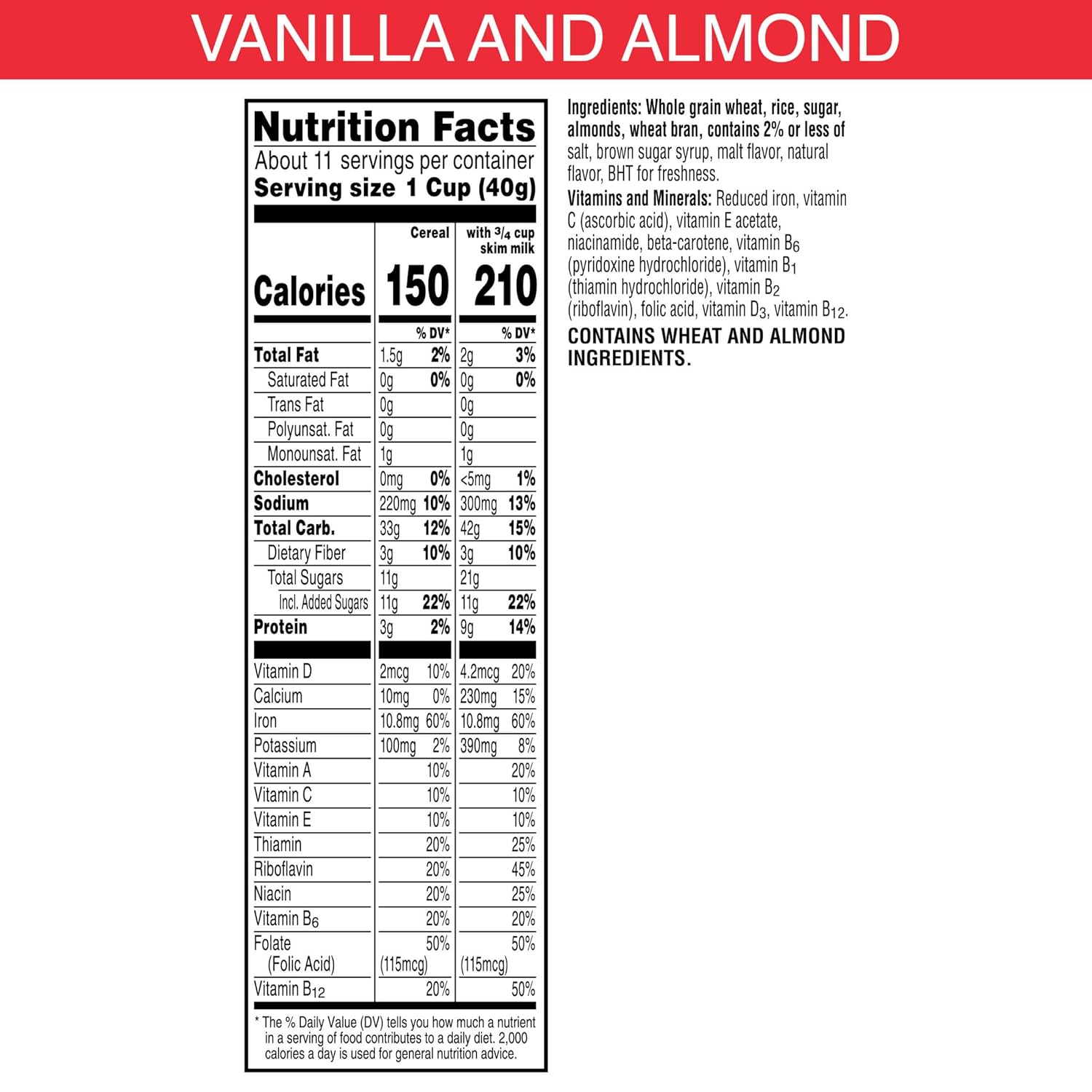 Kellogg's Special K Vanilla and Almond Breakfast Cereal, Good Source of Fiber, Large Size, 16.1 oz