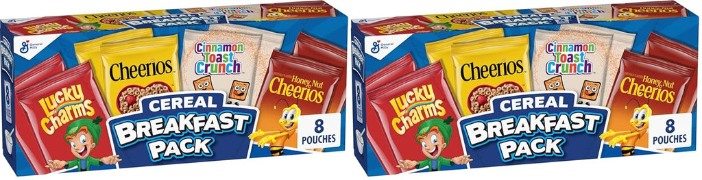 General Mills Cereal Variety Pack, Lucky Charms, Cinnamon Toast Crunch, Cheerios, and Honey Nut Cheerios, 8 Single Serve Pouches, 9.14 oz