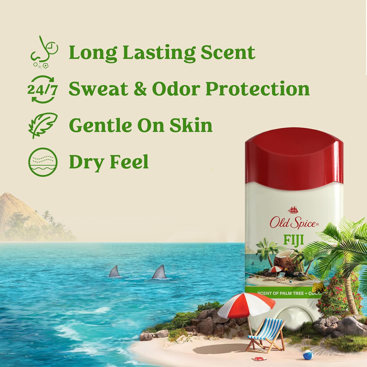 Old Spice Dry Feel Antiperspirant Deodorant for Men, 24/7 Freshness, 24/7 Sweat & Odor Protection, Gentle on Skin with Skin Conditioners, Fiji with Palm Tree + Coconut Scent, 2.6 oz (Pack of 3)