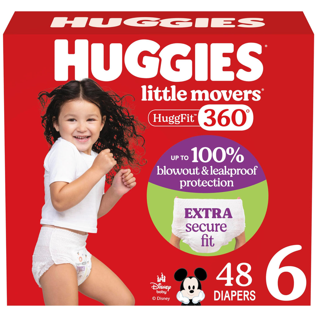 Huggies Size 6 Baby Diapers, Little Movers HuggFit 360° Baby Diapers with 360° Waistband, Size 6 (35+ lbs), 104 Count (2 Packs of 52), Packaging May Vary