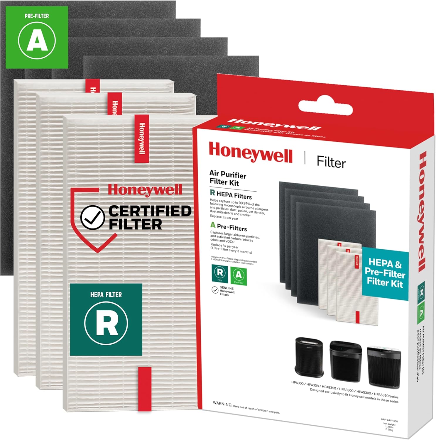 Honeywell HEPA Air Purifier Filter Replacement Kit for HPA300, HPA3300, HPA5300, HPA8350 series Air Purifiers, Value Combo Pack Includes 3 HEPA R & 4 A Carbon Pre-Cut Pre-Filters