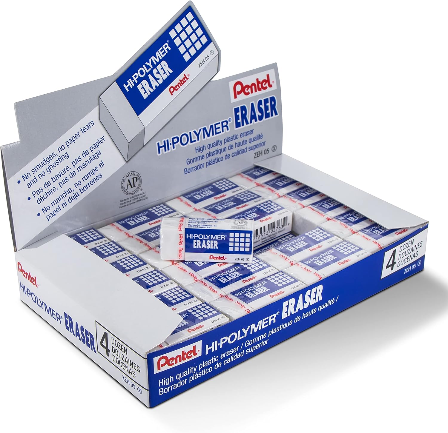 Pentel Hi-Polymer Block Eraser Small White, Pack of 4 (ZEH05BP4)