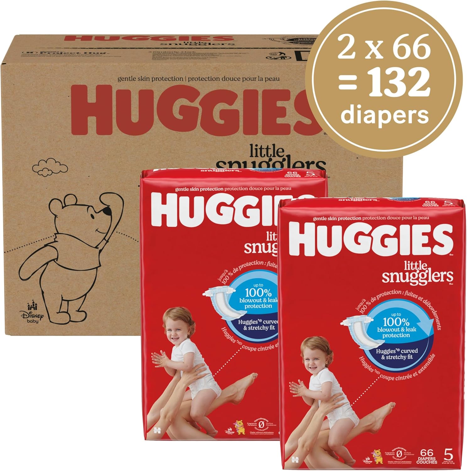 Huggies Size 5 Diapers, Little Snugglers Baby Diapers, Size 5 (27+ lbs), 132 Count (2 Packs of 66), Packaging May Vary