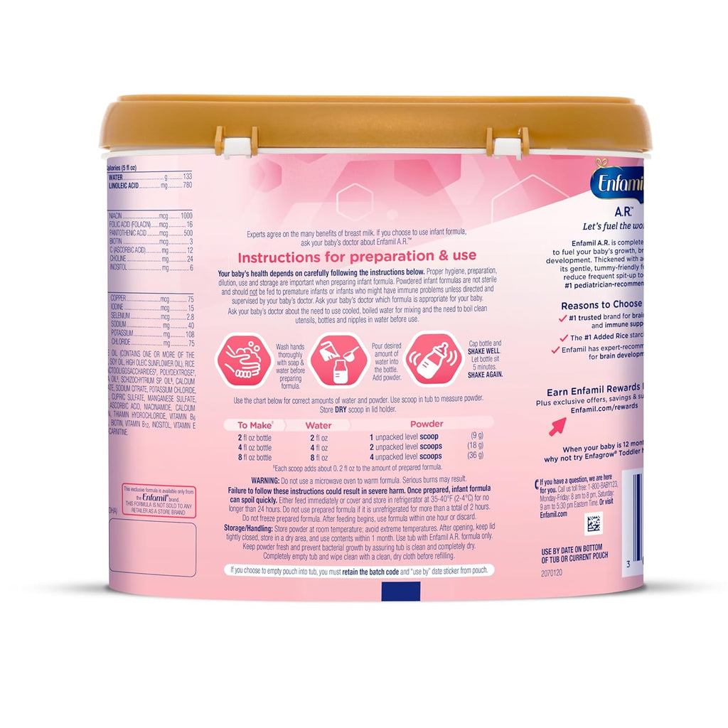 Enfamil A.R. Infant Formula, Clinically Proven to Reduce Reflux & Spit-Up in 1 Week, with Iron, DHA for Brain Development, Probiotics to Support Digestive & Immune Health, Powder Tub, 19.5 Oz