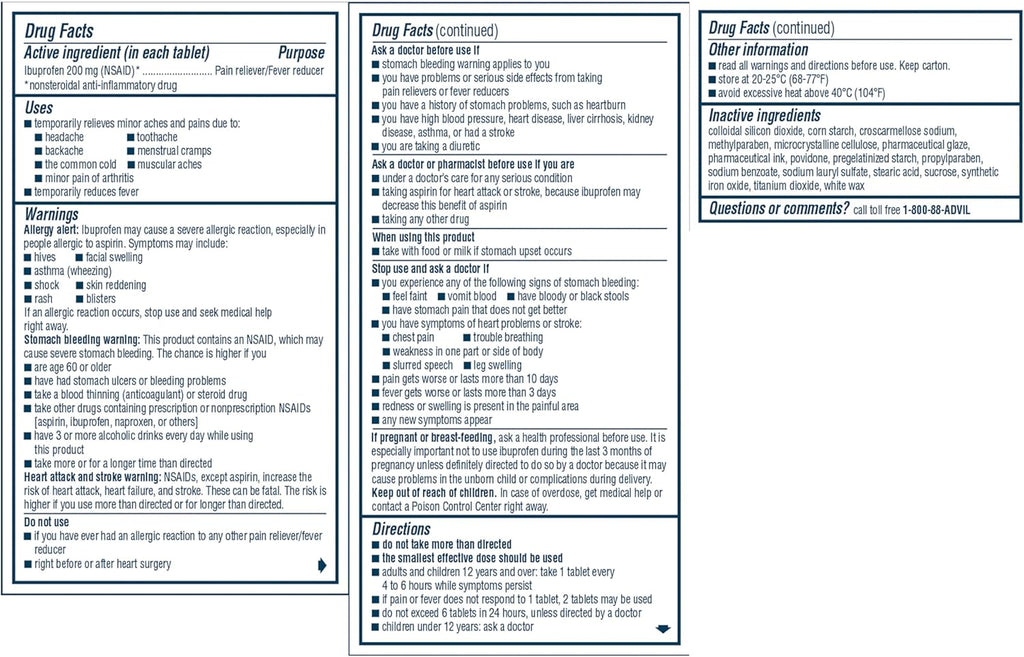 Advil Pain Reliever and Fever Reducer, Pain Relief Medicine with Ibuprofen 200mg for Headache, Backache, Menstrual Pain and Joint Pain Relief - 200 Coated Tablets