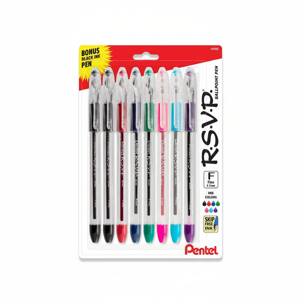 Pentel RSVP Original Ballpoint Pen, (0.7mm) Fine Line, Assorted Ink Colors, Clear Barrel, 8 Pack with Bonus Black Ink Pen