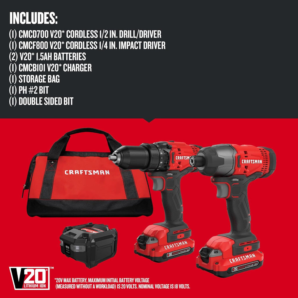 CRAFTSMAN V20 MAX Cordless Drill Driver and Impact Driver Set, Power Tool Set with 2 Batteries and Charger, LED Work Light, 2 Bits, Bag (CMCK200C2)