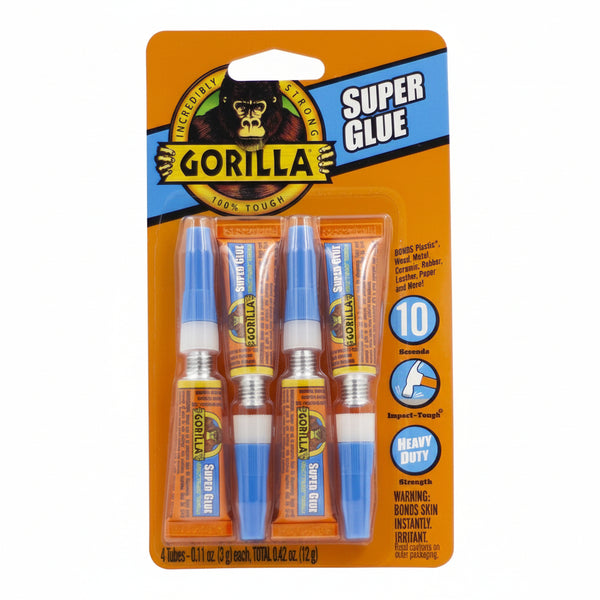 Gorilla Super Glue, Clear Glue, Four 3 Gram Tubes (Pack of 1) - All Purpose and Fast Setting for Projects and Repairs