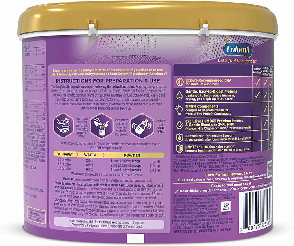 Enfamil Optimum Gentlease Baby Formula, Our Closest Formula to Breast Milk For Fussiness, Crying, Gas & Spit-up, Immune-Supporting Lactoferrin also found in Breast Milk, 19.5 Oz