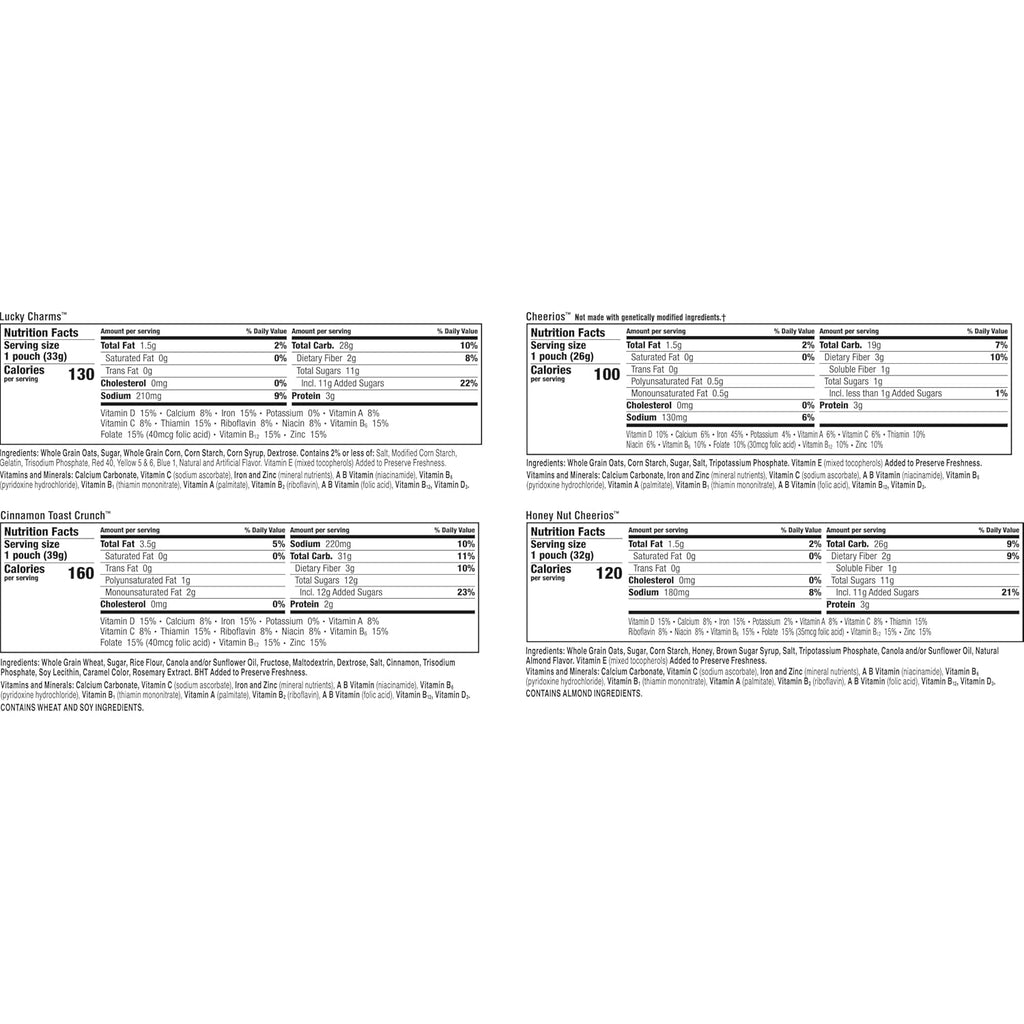 General Mills Cereal Variety Pack, Lucky Charms, Cinnamon Toast Crunch, Cheerios, and Honey Nut Cheerios, 8 Single Serve Pouches, 9.14 oz