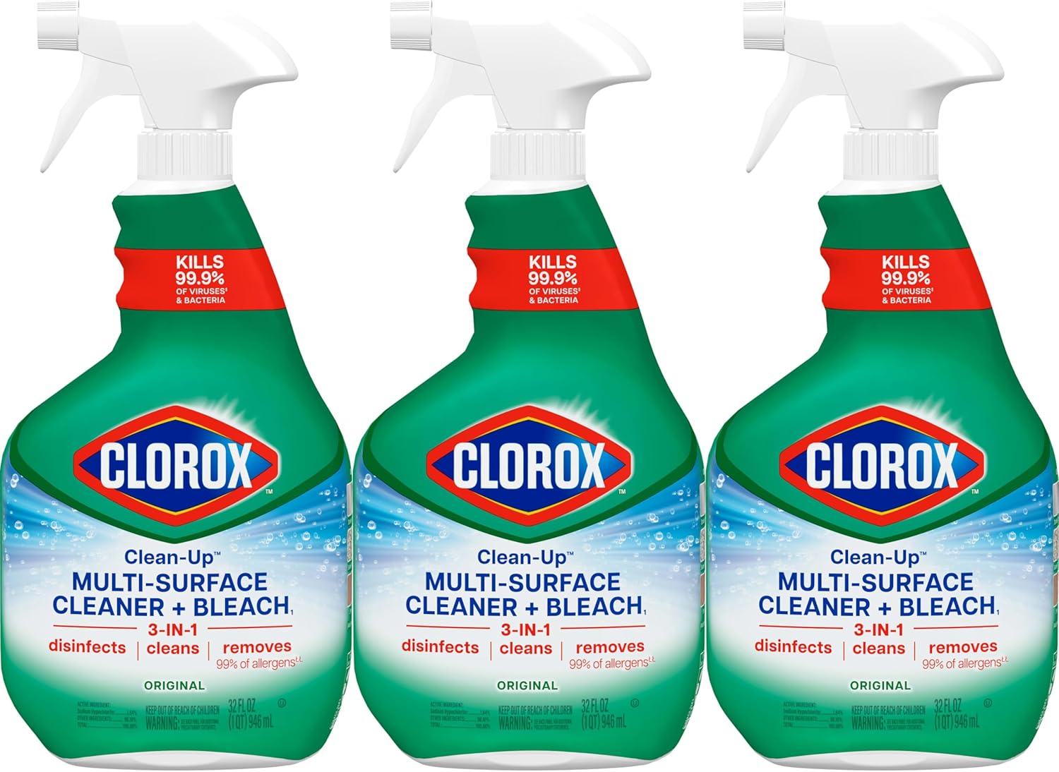 Clorox Clean-Up Multi-Surface Cleaner with Bleach, Original, Spray Bottle, 32 Fl Oz., Pack of 3