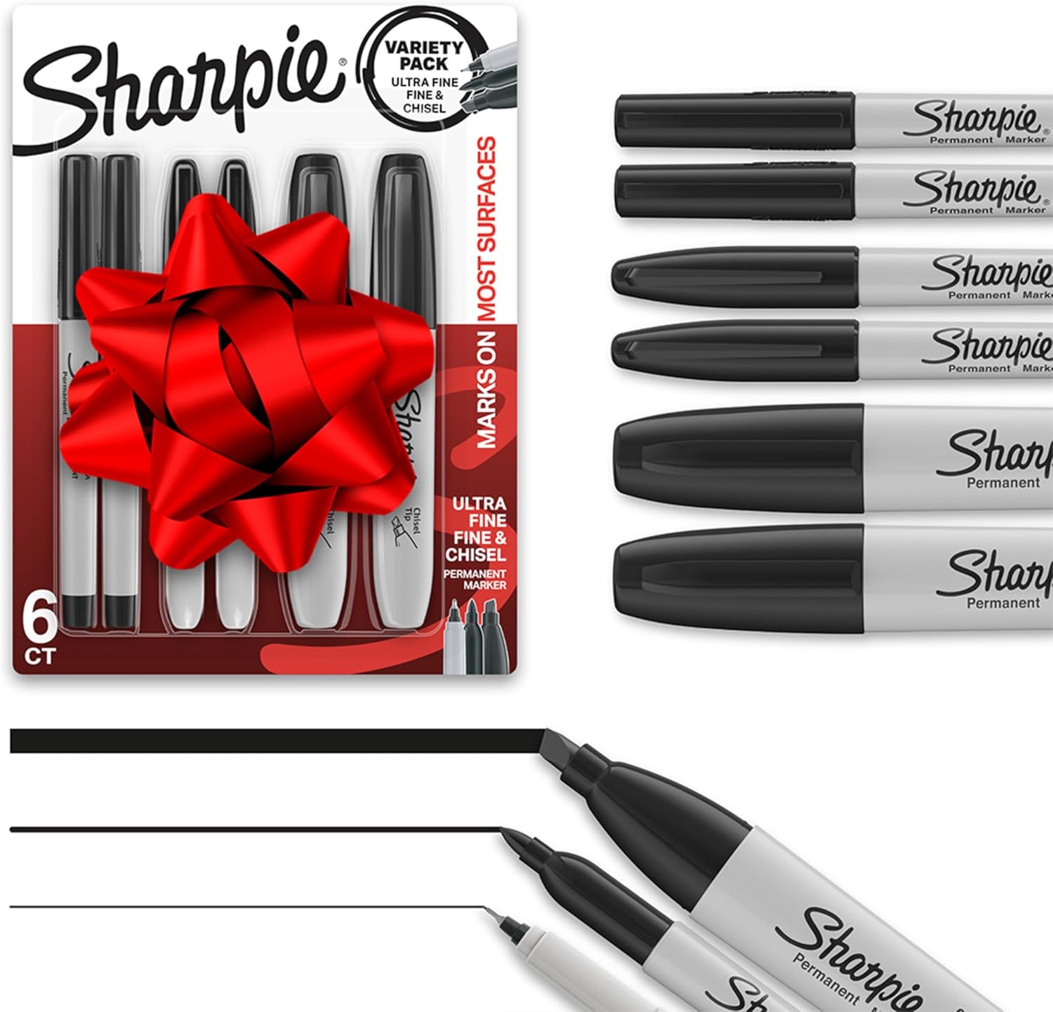 Sharpie Permanent Markers Variety Pack, Includes Chisel, Fine, and Ultra-Fine Tips, Marker Set, Writing, Coloring, Poster, Office, School Supplies, Black, 6 Count