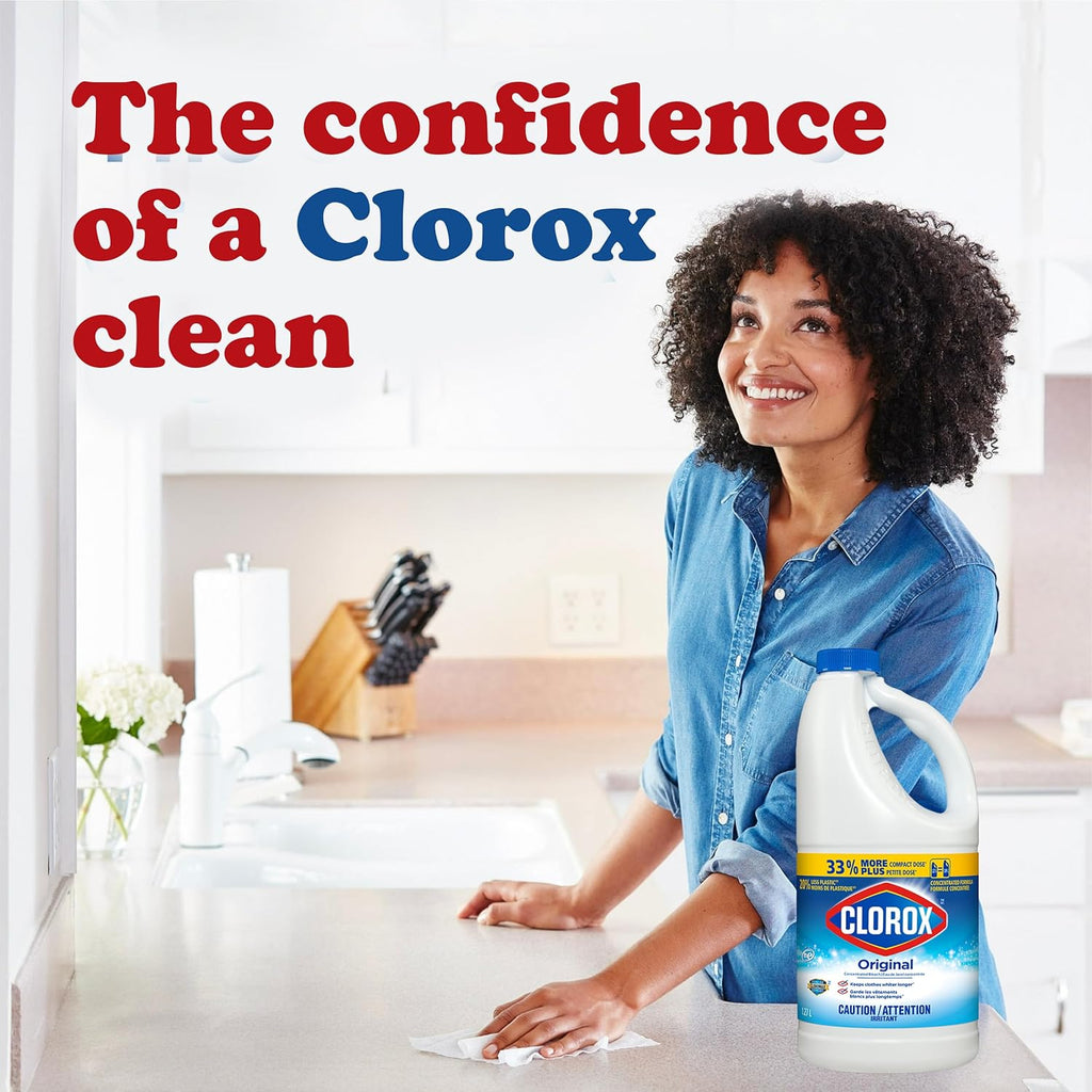 Clorox Bleach Cleaner, 2 Pack Original Concentrated Bleach, Easy Pour Bottle with Handle, Moldand Mildew Remover, Removes Stains and Whitens, 43 oz Each