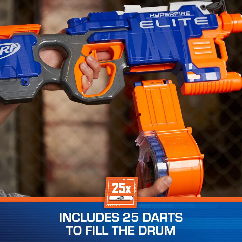 Nerf HyperFire Motorized Elite Blaster, 25-Dart Drum, Fires Up to 5 Darts Per Second, Includes 25 Official Elite Darts (Amazon Exclusive)