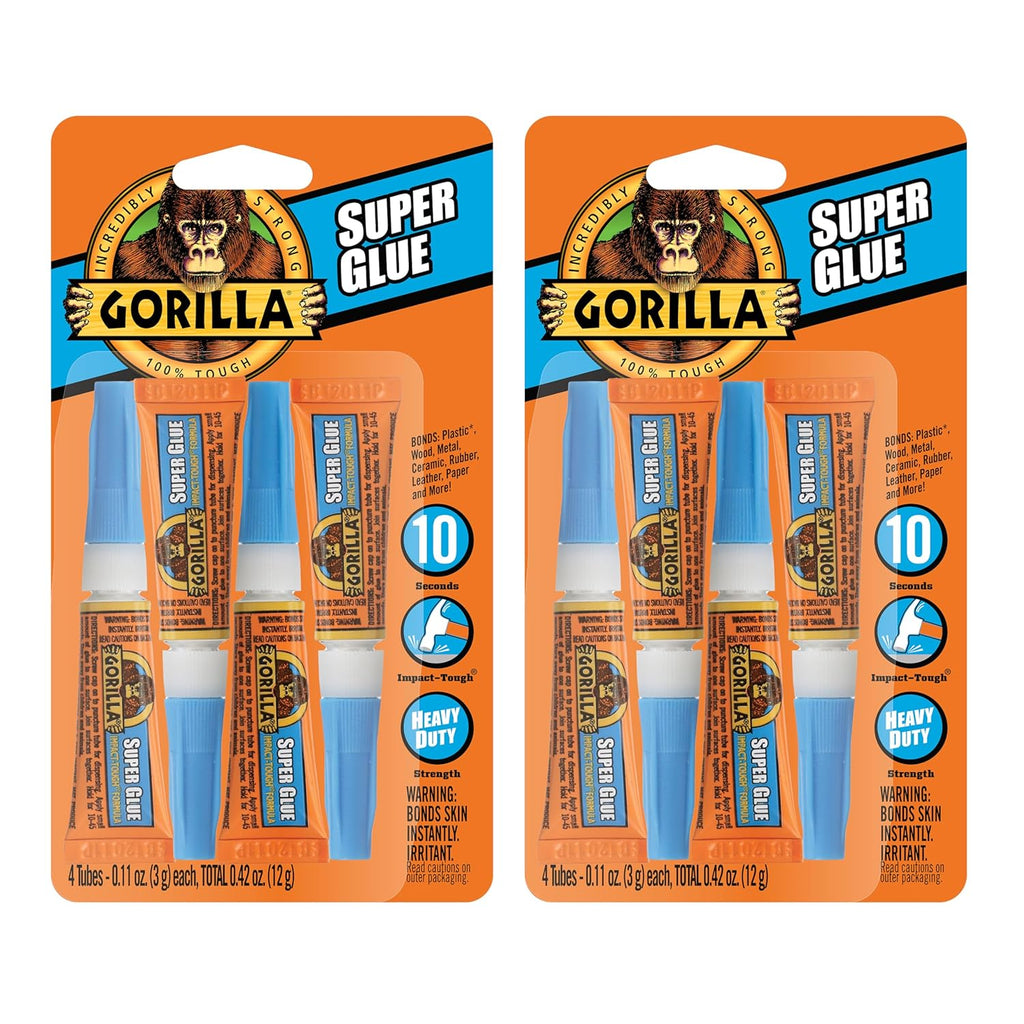 Gorilla Super Glue, Clear Glue, Four 3 Gram Tubes (Pack of 1) - All Purpose and Fast Setting for Projects and Repairs