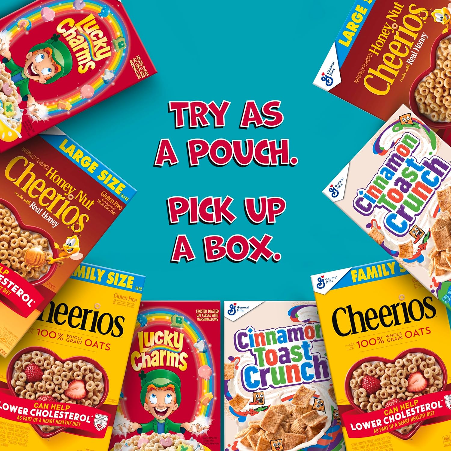 General Mills Cereal Variety Pack, Lucky Charms, Cinnamon Toast Crunch, Cheerios, and Honey Nut Cheerios, 8 Single Serve Pouches, 9.14 oz