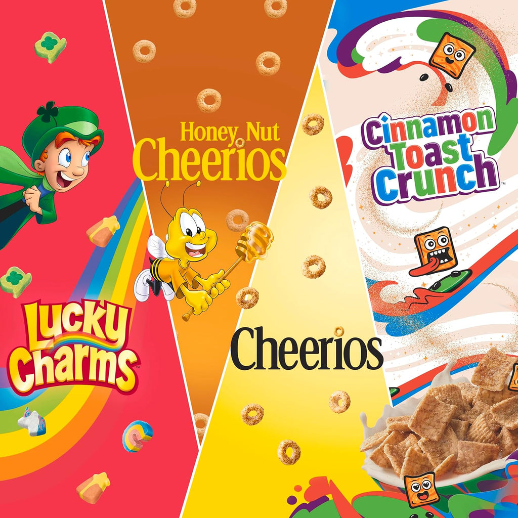 General Mills Cereal Variety Pack, Lucky Charms, Cinnamon Toast Crunch, Cheerios, and Honey Nut Cheerios, 8 Single Serve Pouches, 9.14 oz