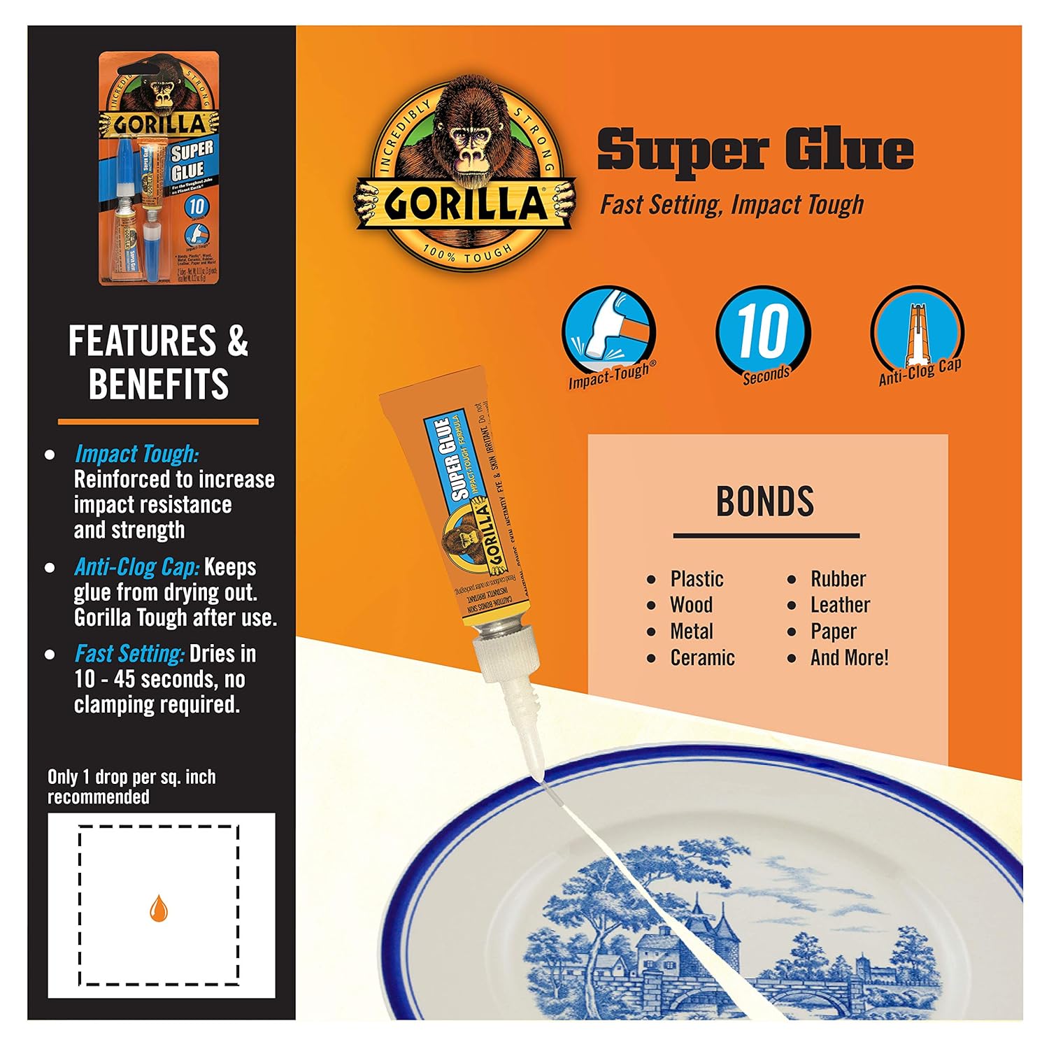 Gorilla Super Glue, Clear Glue, Four 3 Gram Tubes (Pack of 1) - All Purpose and Fast Setting for Projects and Repairs