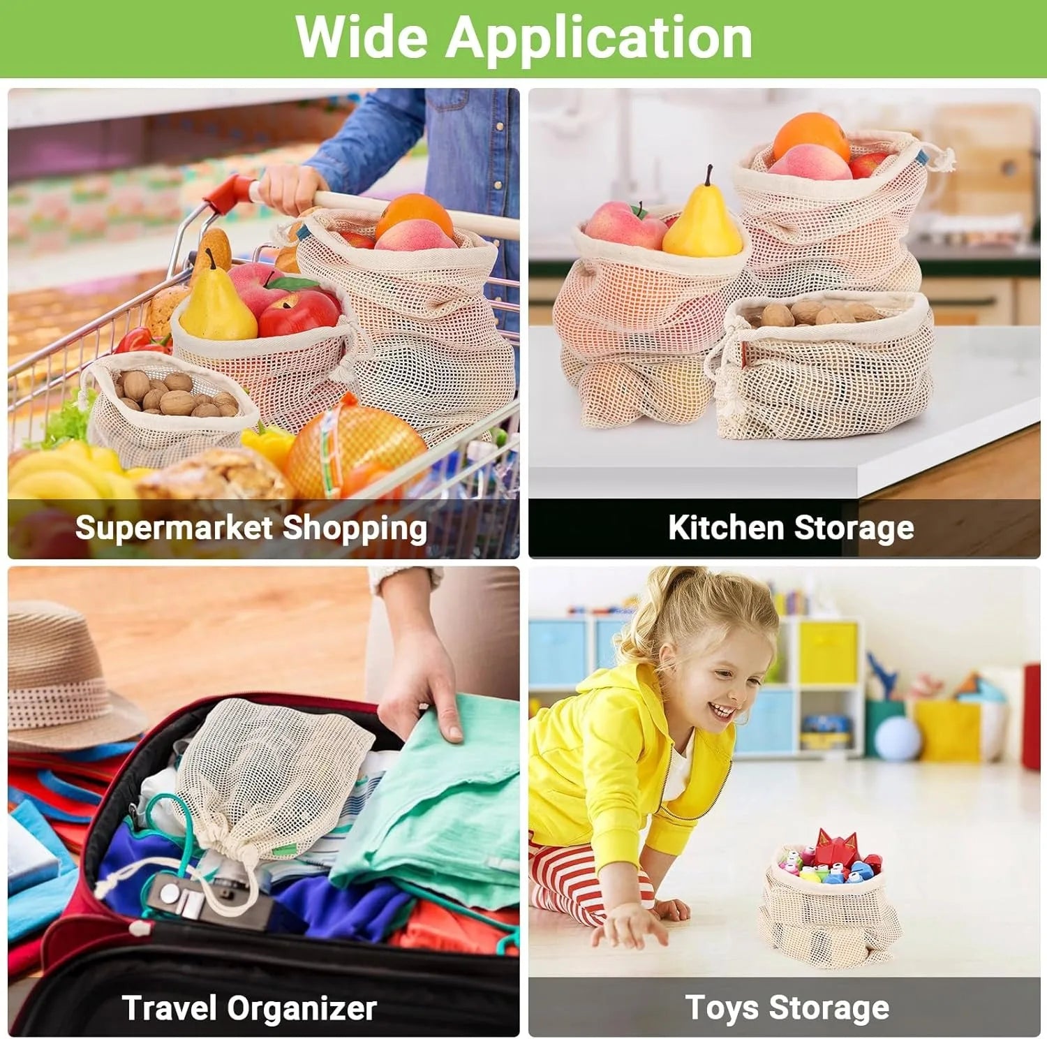 Weedi 3/6pack Reusable Cotton Mesh Produce Bags, Washable Grocery Bag Kitchen Fruit Vegetable