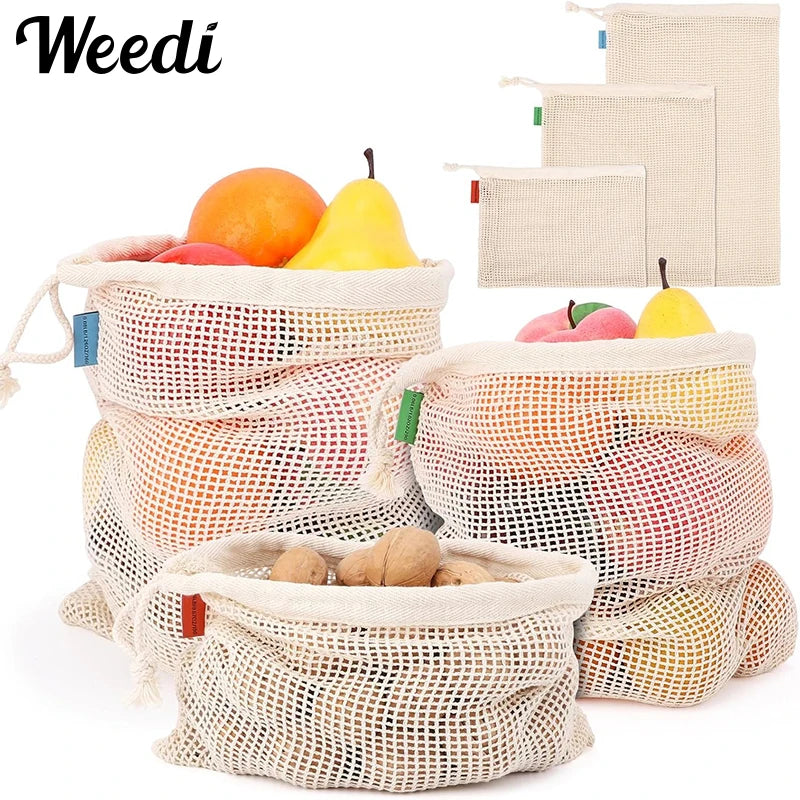 Weedi 3/6pack Reusable Cotton Mesh Produce Bags, Washable Grocery Bag Kitchen Fruit Vegetable