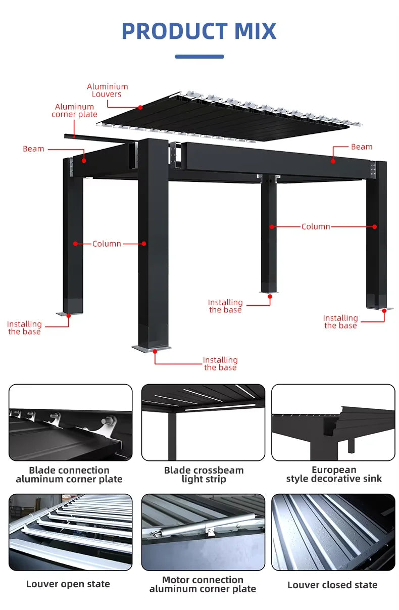 Outdoor electric aluminum louver roof waterproof dimmable LED lighting modern bioclimatic pergola