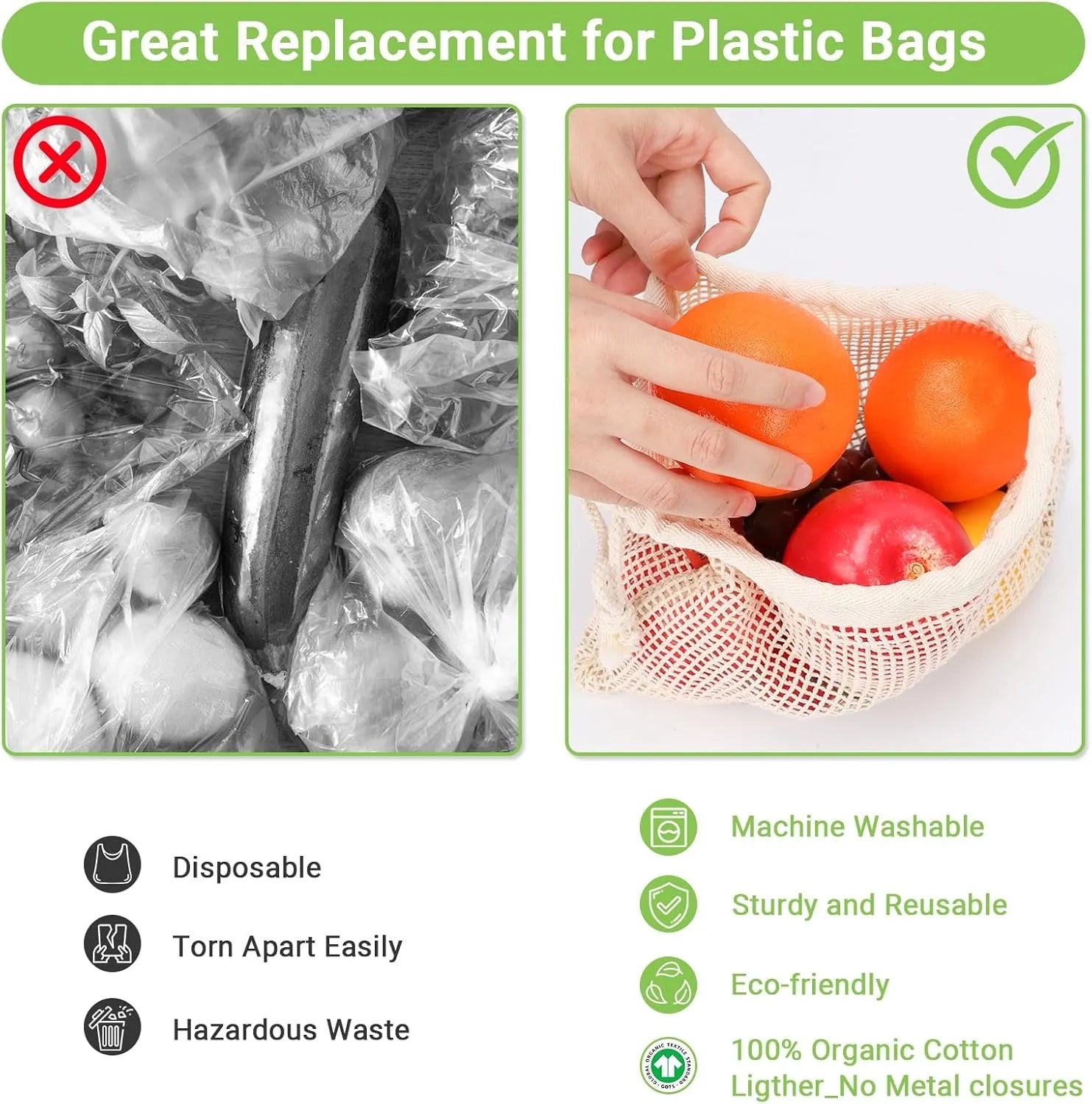 Weedi 3/6pack Reusable Cotton Mesh Produce Bags, Washable Grocery Bag Kitchen Fruit Vegetable