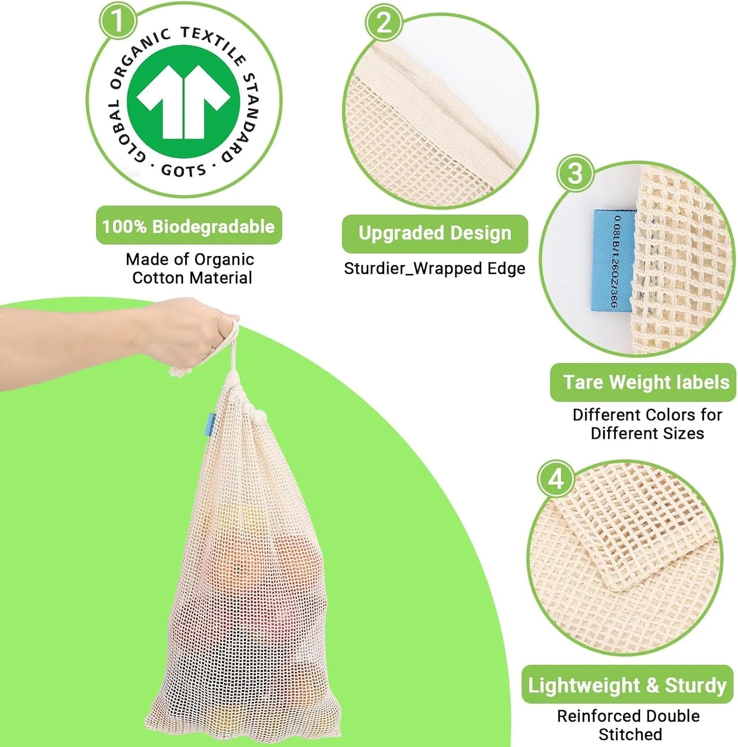 Weedi 3/6pack Reusable Cotton Mesh Produce Bags, Washable Grocery Bag Kitchen Fruit Vegetable