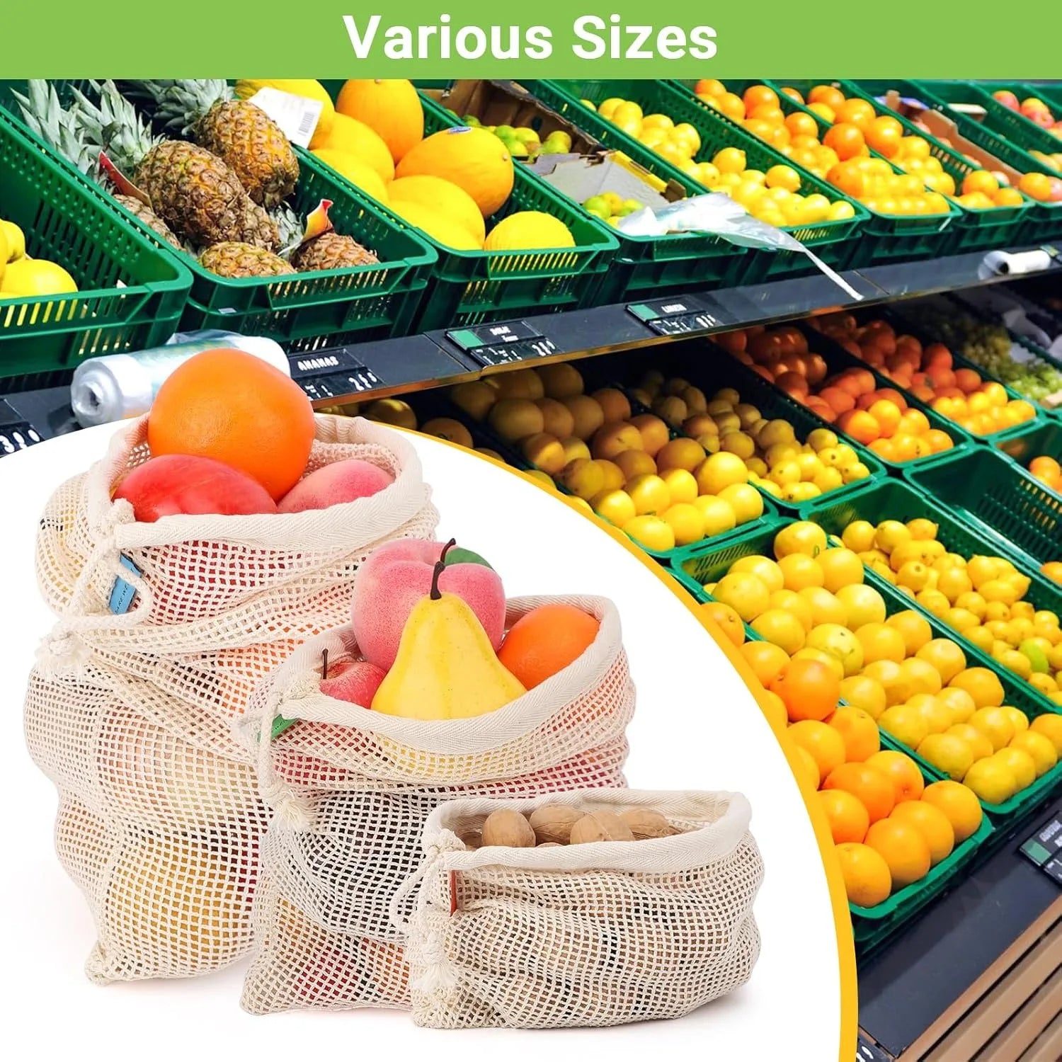 Weedi 3/6pack Reusable Cotton Mesh Produce Bags, Washable Grocery Bag Kitchen Fruit Vegetable