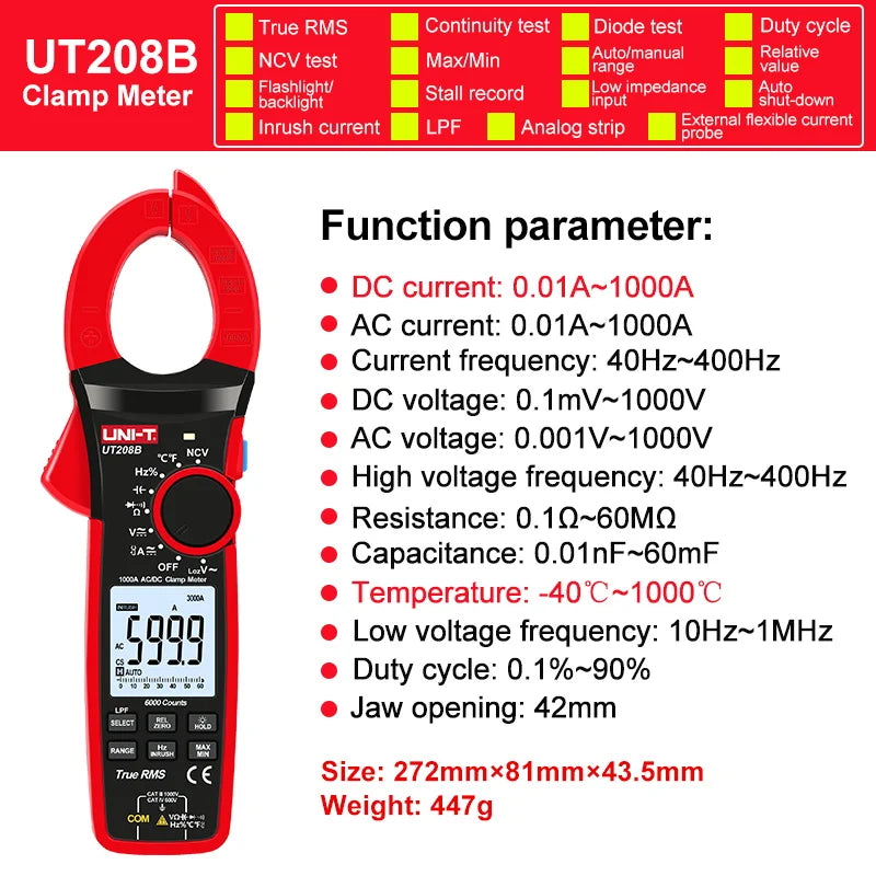 UNI-T Clamp Meter UT207B UT208B AC DC Amperometric Clamp Digital Multimeter Ammeter Pliers Inrush