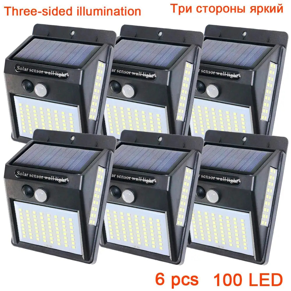 PIR Motion Sensor 100LED Sunlight control 3 sided Solar Energy Street light Yard Path Home Garden