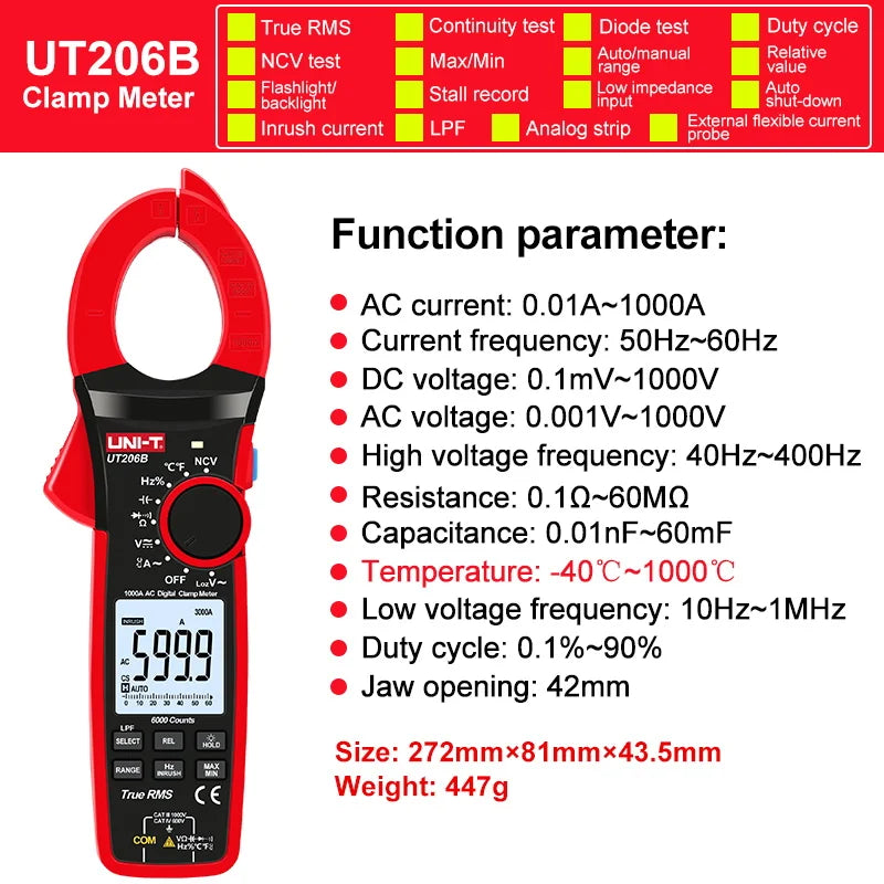UNI-T Clamp Meter UT207B UT208B AC DC Amperometric Clamp Digital Multimeter Ammeter Pliers Inrush