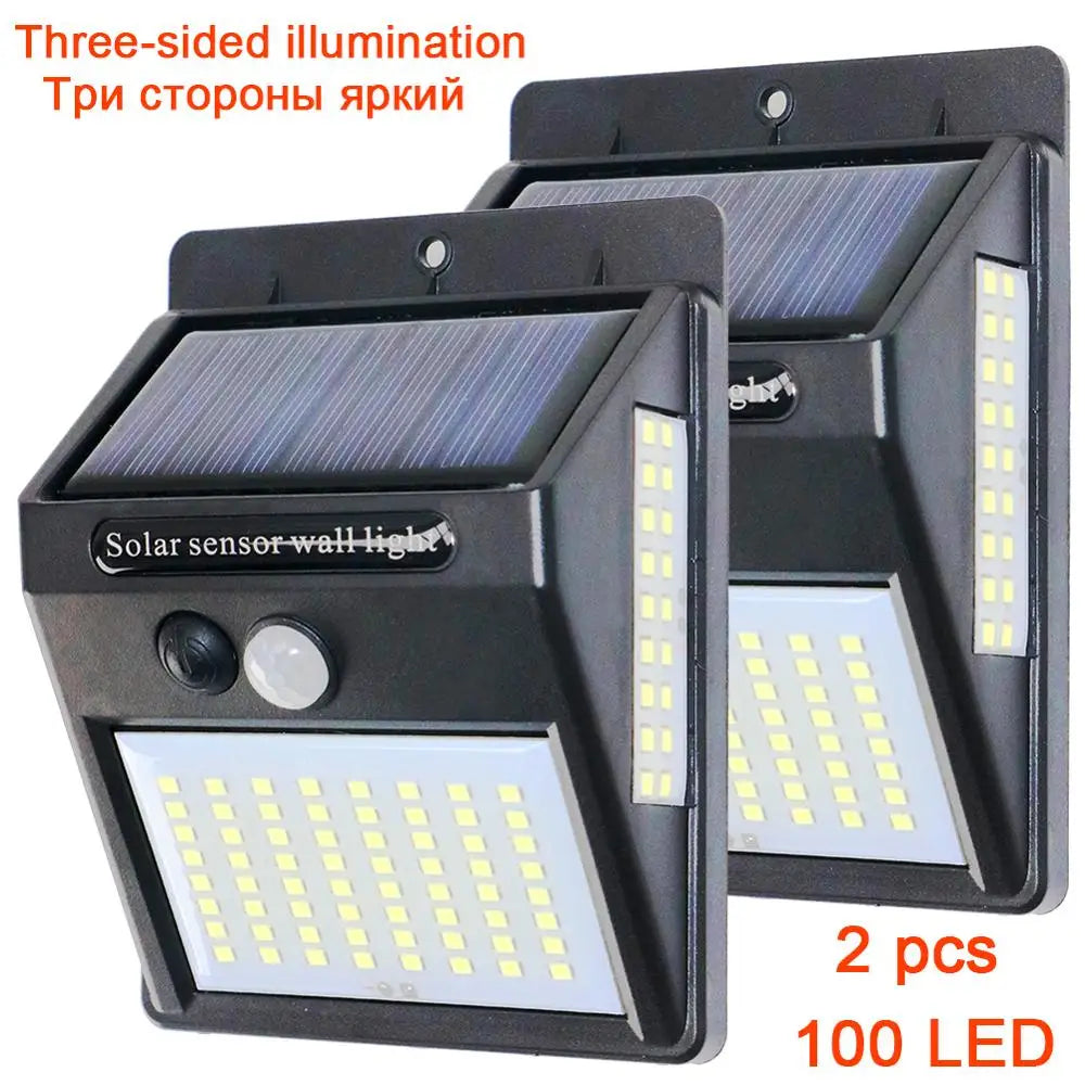 PIR Motion Sensor 100LED Sunlight control 3 sided Solar Energy Street light Yard Path Home Garden