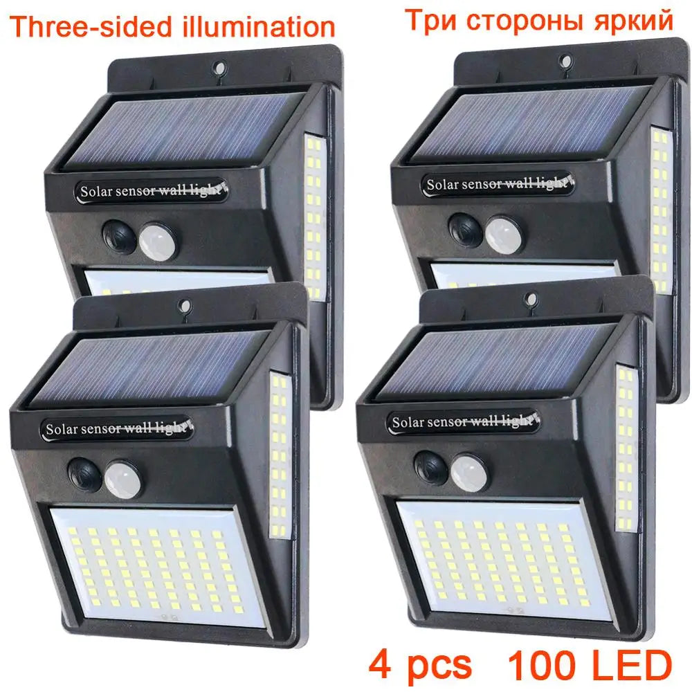 PIR Motion Sensor 100LED Sunlight control 3 sided Solar Energy Street light Yard Path Home Garden