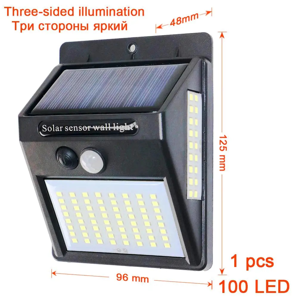 PIR Motion Sensor 100LED Sunlight control 3 sided Solar Energy Street light Yard Path Home Garden