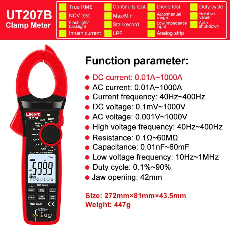 UNI-T Clamp Meter UT207B UT208B AC DC Amperometric Clamp Digital Multimeter Ammeter Pliers Inrush