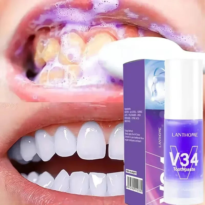 V34 Purple Teeth Whitening Toothpaste Remove Plaque Stains Cleaning Oral Hygiene Dental Bleach