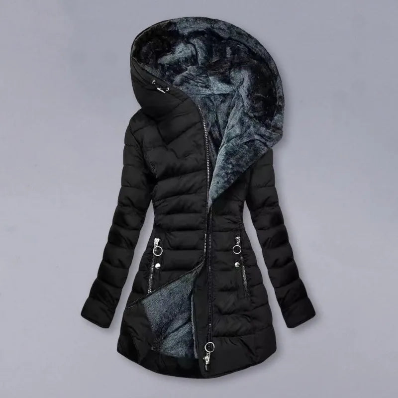 Long Sleeve Coat Solid Women's Winter Jacket with Plush Lining Hooded Outerwear Warm Windproof Down Coat for Cold Weather