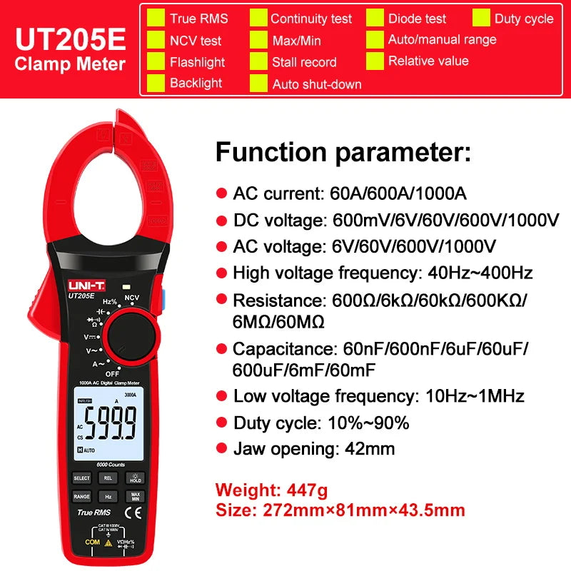 UNI-T Clamp Meter UT207B UT208B AC DC Amperometric Clamp Digital Multimeter Ammeter Pliers Inrush