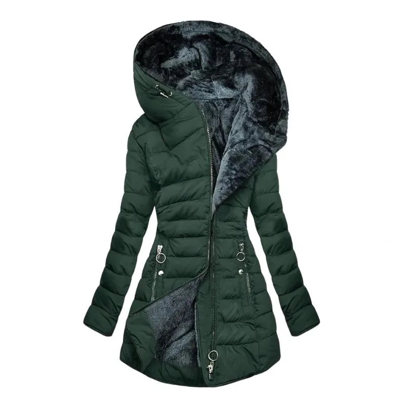 Long Sleeve Coat Solid Women's Winter Jacket with Plush Lining Hooded Outerwear Warm Windproof Down Coat for Cold Weather
