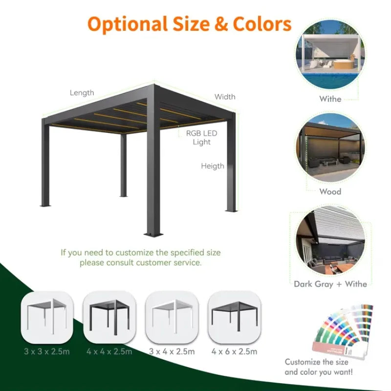 Outdoor electric aluminum louver roof waterproof dimmable LED lighting modern bioclimatic pergola